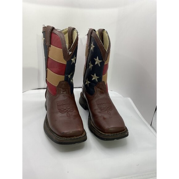 Durango Kids 8" Size 13.5 Western Boots American Flag Design Brown Leather - Picture 2 of 9